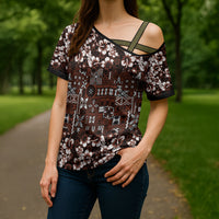 Burgundy Hawaiian Tapa Tribal Hibiscus Cross Shoulder Shirt LT9 - Polynesian Pride