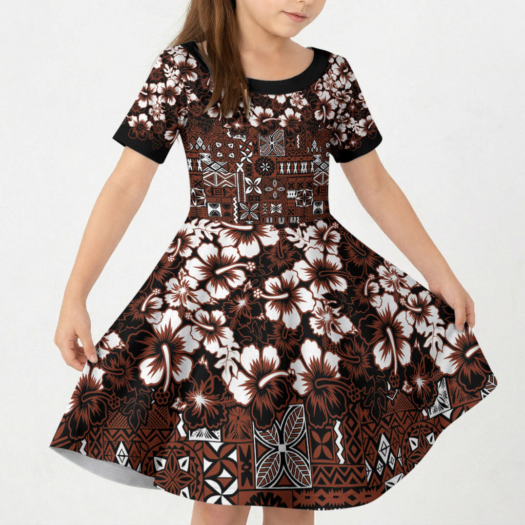 Burgundy Hawaiian Tapa Tribal Hibiscus Kid Short Sleeve Dress LT9 KID Burgundy - Polynesian Pride