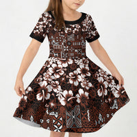 Burgundy Hawaiian Tapa Tribal Hibiscus Kid Short Sleeve Dress LT9 KID Burgundy - Polynesian Pride