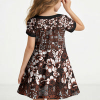 Burgundy Hawaiian Tapa Tribal Hibiscus Kid Short Sleeve Dress LT9 - Polynesian Pride