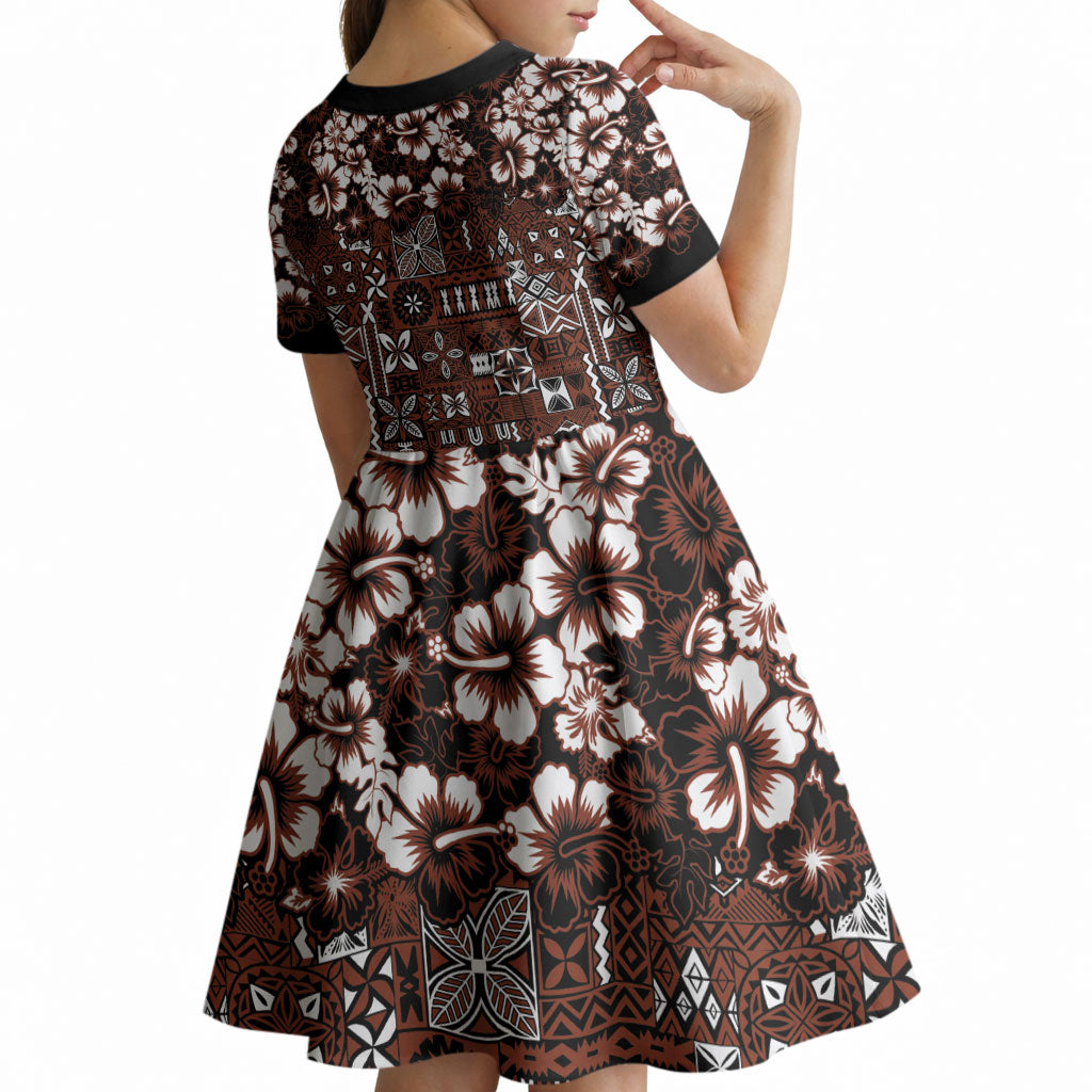 Burgundy Hawaiian Tapa Tribal Hibiscus Kid Short Sleeve Dress LT9 - Polynesian Pride