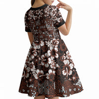 Burgundy Hawaiian Tapa Tribal Hibiscus Kid Short Sleeve Dress LT9 - Polynesian Pride