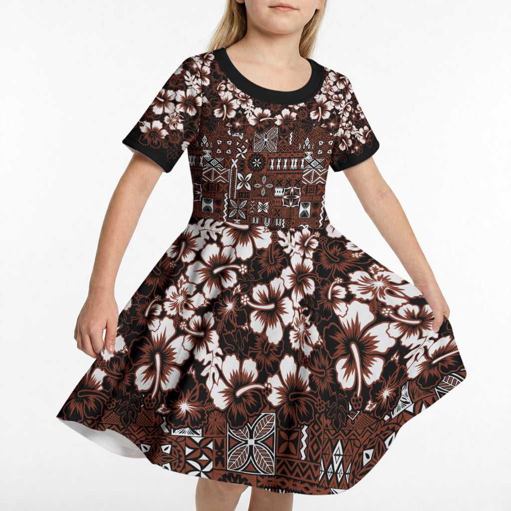 Burgundy Hawaiian Tapa Tribal Hibiscus Kid Short Sleeve Dress LT9 - Polynesian Pride
