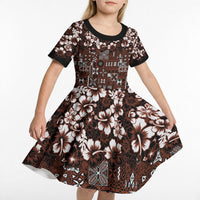 Burgundy Hawaiian Tapa Tribal Hibiscus Kid Short Sleeve Dress LT9 - Polynesian Pride