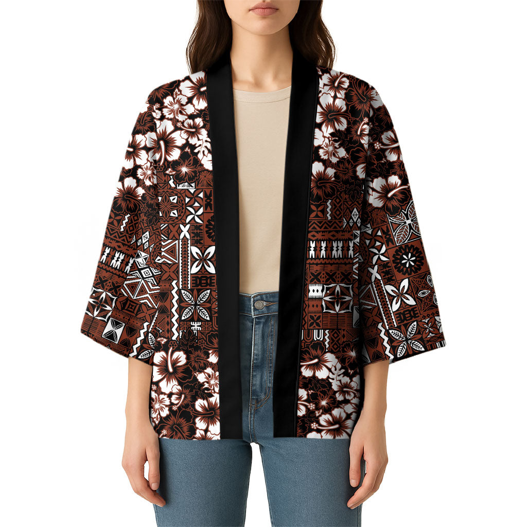 Burgundy Hawaiian Tapa Tribal Hibiscus Kimono LT9 - Polynesian Pride