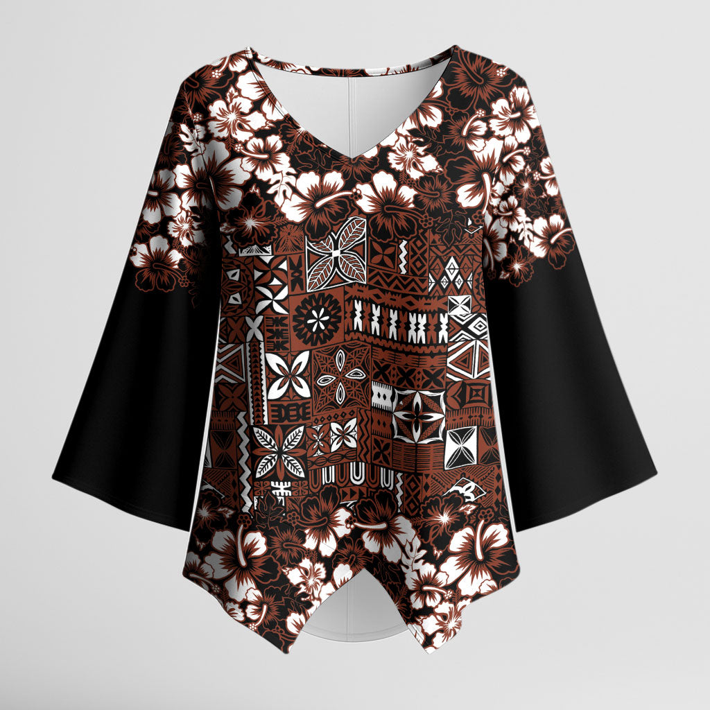 Burgundy Hawaiian Tapa Tribal Hibiscus Kimono Sleeve Blouse LT9 Female Burgundy - Polynesian Pride