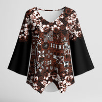 Burgundy Hawaiian Tapa Tribal Hibiscus Kimono Sleeve Blouse LT9 Female Burgundy - Polynesian Pride