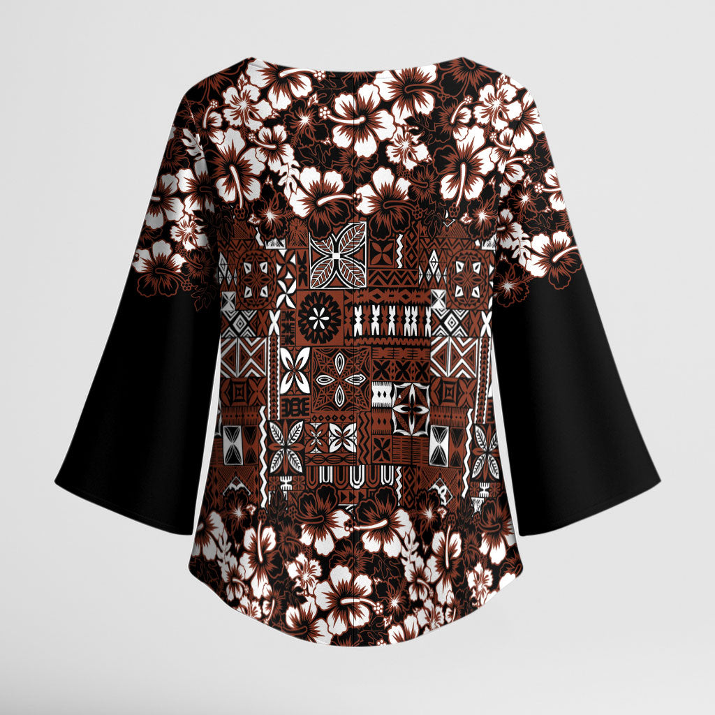 Burgundy Hawaiian Tapa Tribal Hibiscus Kimono Sleeve Blouse LT9 - Polynesian Pride