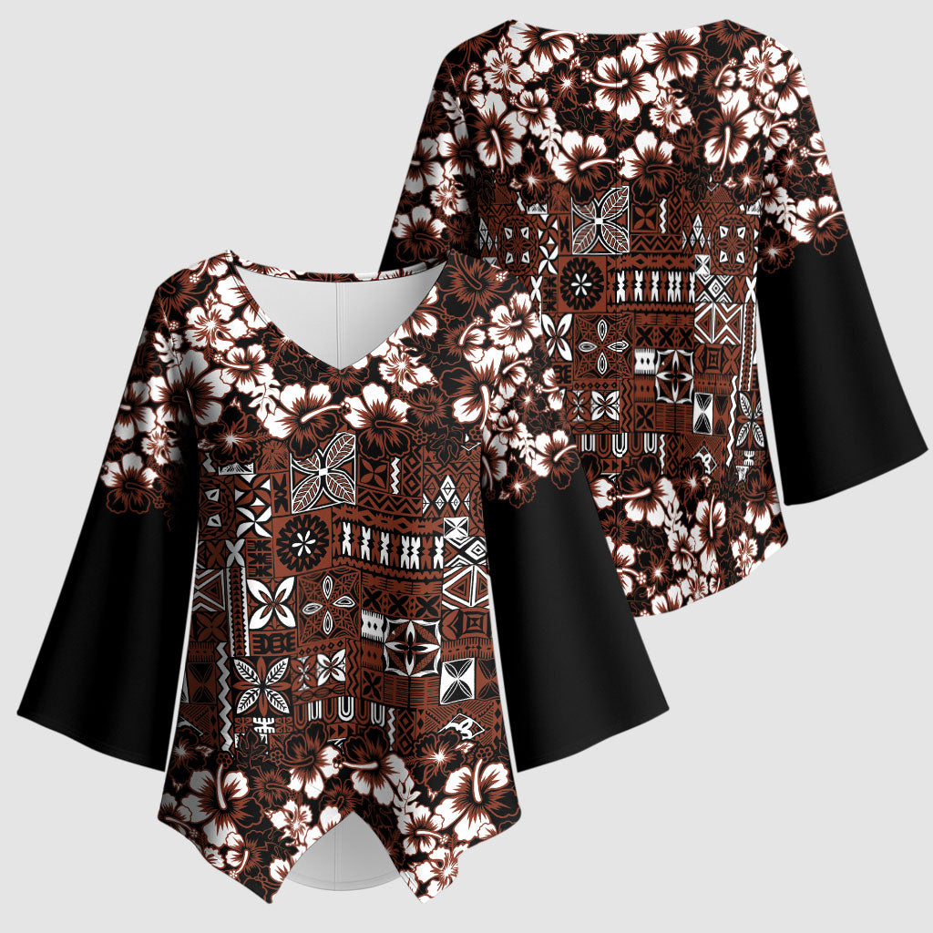Burgundy Hawaiian Tapa Tribal Hibiscus Kimono Sleeve Blouse LT9 - Polynesian Pride