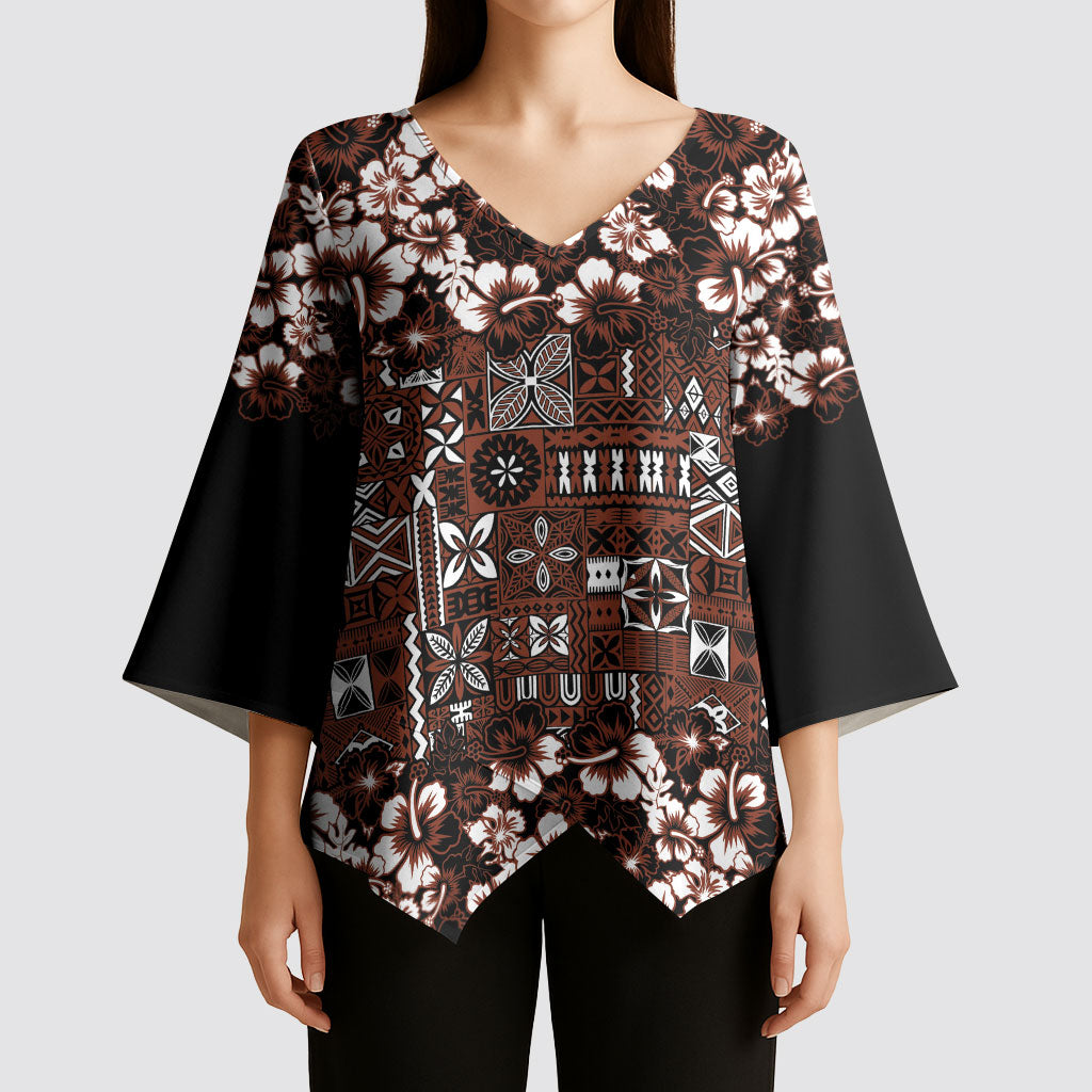 Burgundy Hawaiian Tapa Tribal Hibiscus Kimono Sleeve Blouse LT9 - Polynesian Pride