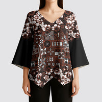 Burgundy Hawaiian Tapa Tribal Hibiscus Kimono Sleeve Blouse LT9 - Polynesian Pride