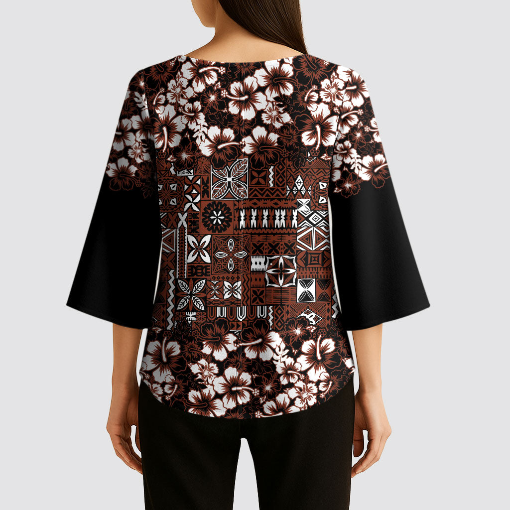 Burgundy Hawaiian Tapa Tribal Hibiscus Kimono Sleeve Blouse LT9 - Polynesian Pride