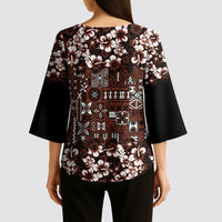 Burgundy Hawaiian Tapa Tribal Hibiscus Kimono Sleeve Blouse LT9 - Polynesian Pride