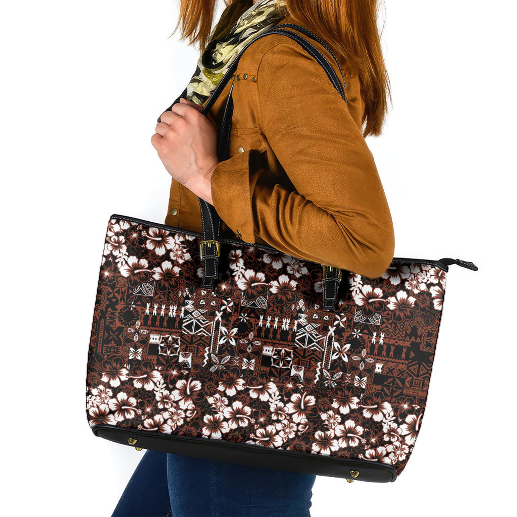 Burgundy Hawaiian Tapa Tribal Hibiscus Leather Tote Bag LT9 Burgundy - Polynesian Pride