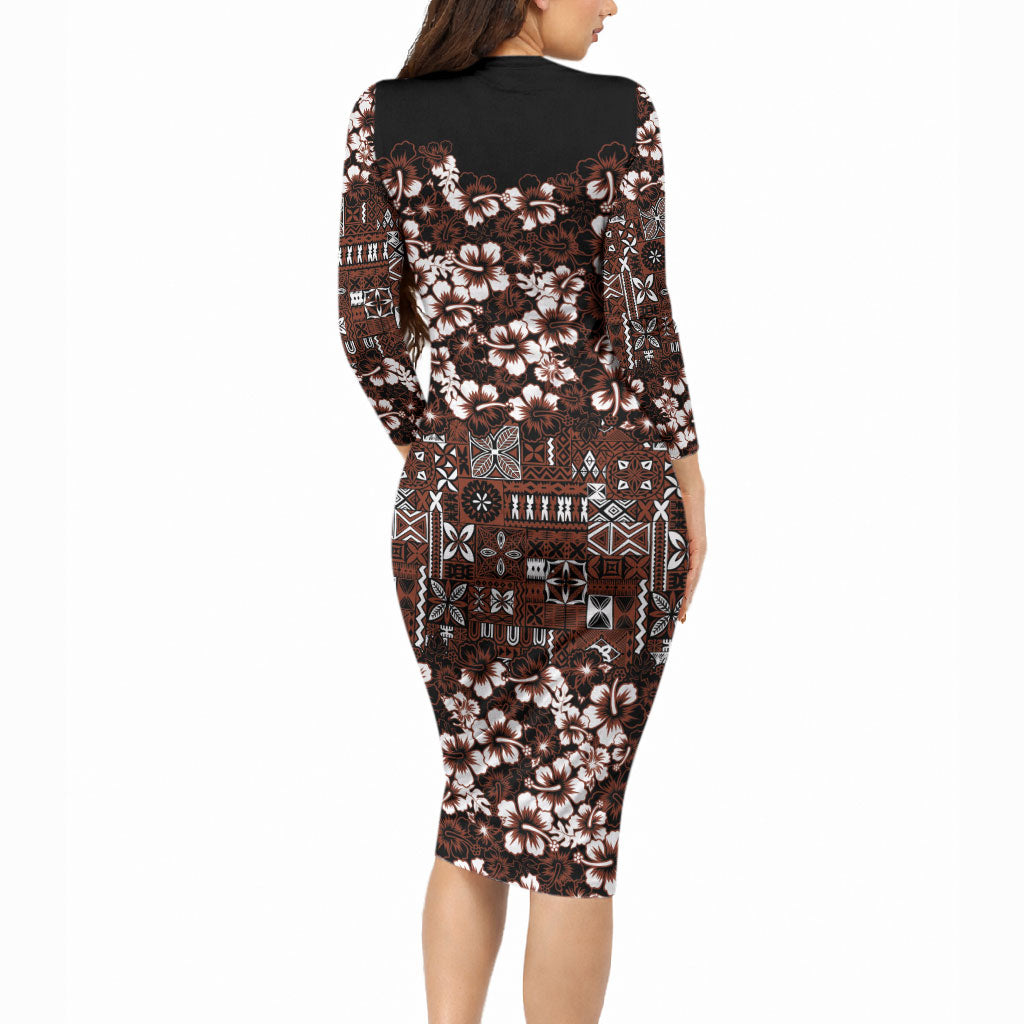 Burgundy Hawaiian Tapa Tribal Hibiscus Long Sleeve Bodycon Dress LT9 - Polynesian Pride