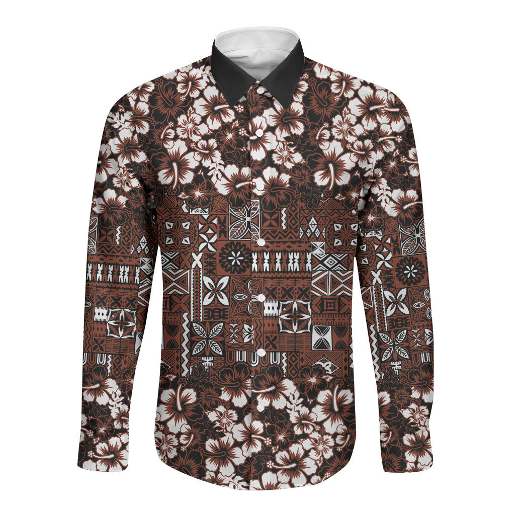 Burgundy Hawaiian Tapa Tribal Hibiscus Long Sleeve Button Shirt LT9 Unisex Burgundy - Polynesian Pride