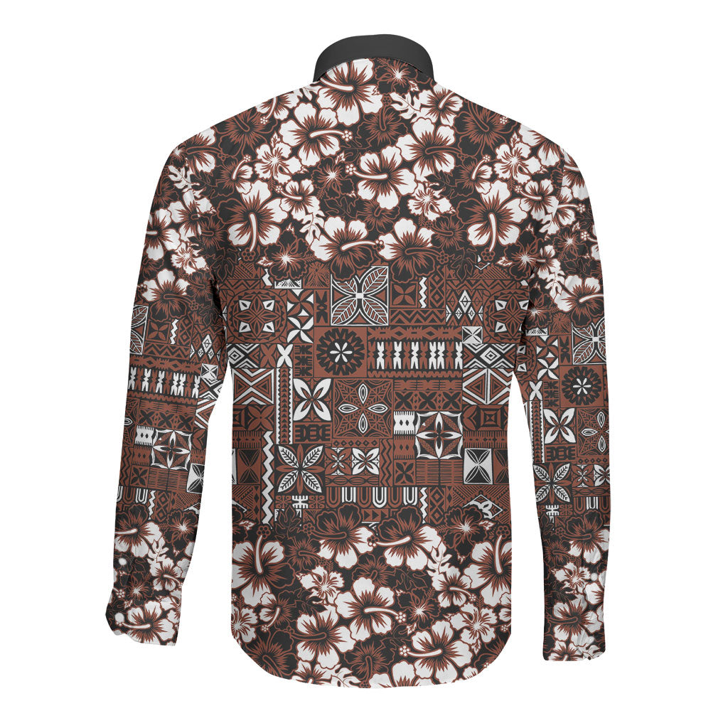 Burgundy Hawaiian Tapa Tribal Hibiscus Long Sleeve Button Shirt LT9 - Polynesian Pride