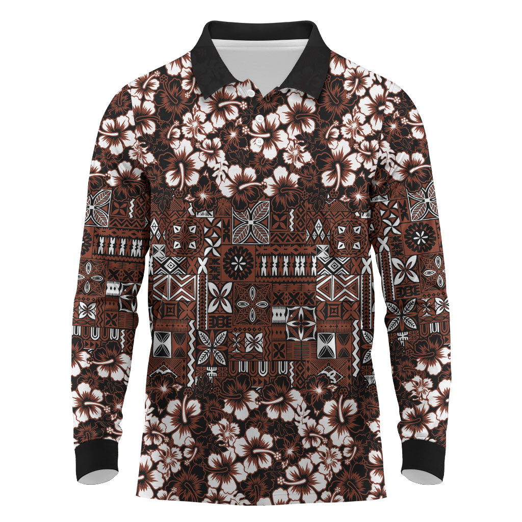 Burgundy Hawaiian Tapa Tribal Hibiscus Long Sleeve Polo Shirt LT9 Burgundy - Polynesian Pride
