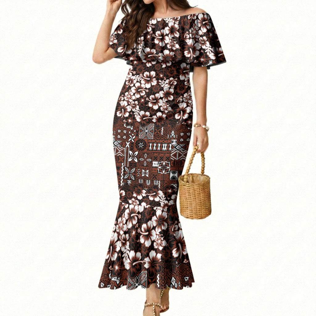 Burgundy Hawaiian Tapa Tribal Hibiscus Mermaid Dress LT9 Women Burgundy - Polynesian Pride