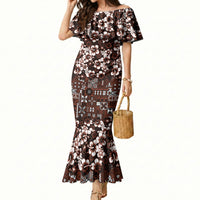 Burgundy Hawaiian Tapa Tribal Hibiscus Mermaid Dress LT9 Women Burgundy - Polynesian Pride