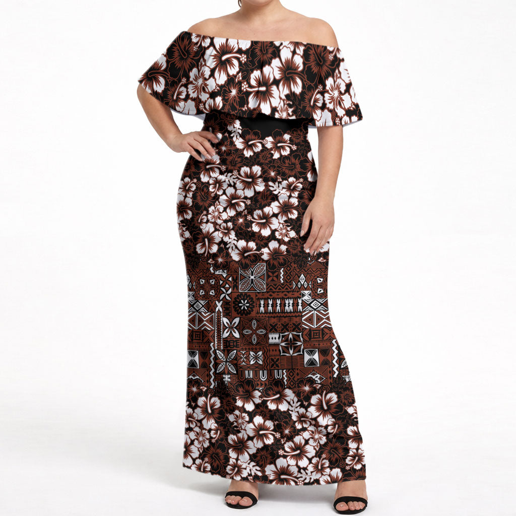 Burgundy Hawaiian Tapa Tribal Hibiscus Off Shoulder Maxi Dress LT9 Women Burgundy - Polynesian Pride