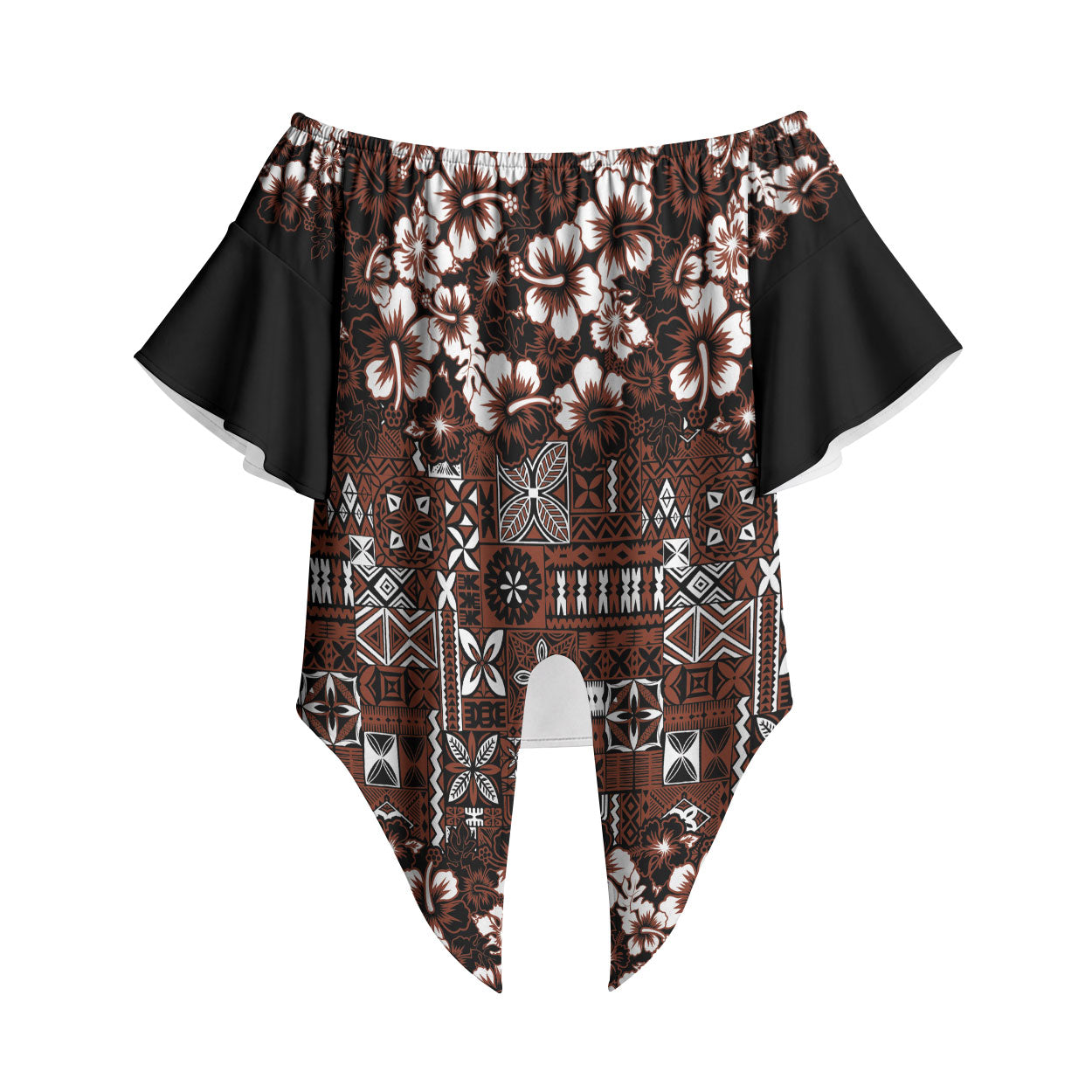 Burgundy Hawaiian Tapa Tribal Hibiscus Off Shoulder Wrap Waist Top LT9 Burgundy - Polynesian Pride