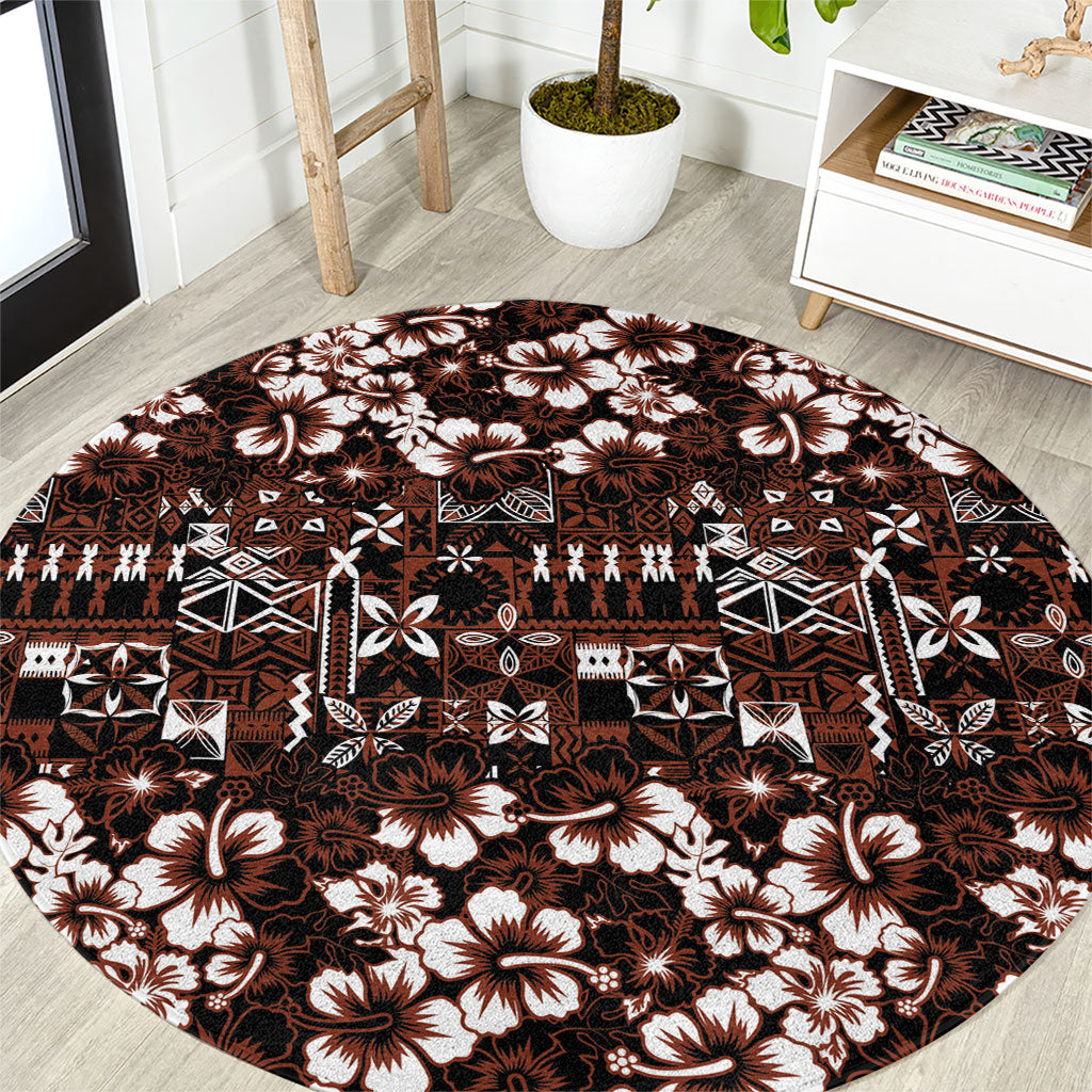 Burgundy Hawaiian Tapa Tribal Hibiscus Round Carpet LT9 Burgundy - Polynesian Pride