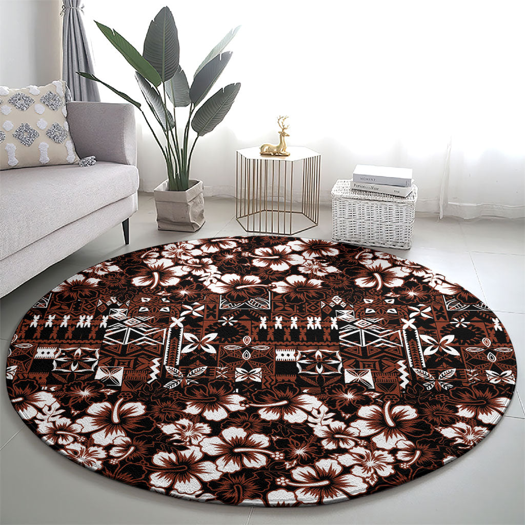 Burgundy Hawaiian Tapa Tribal Hibiscus Round Carpet LT9 - Polynesian Pride