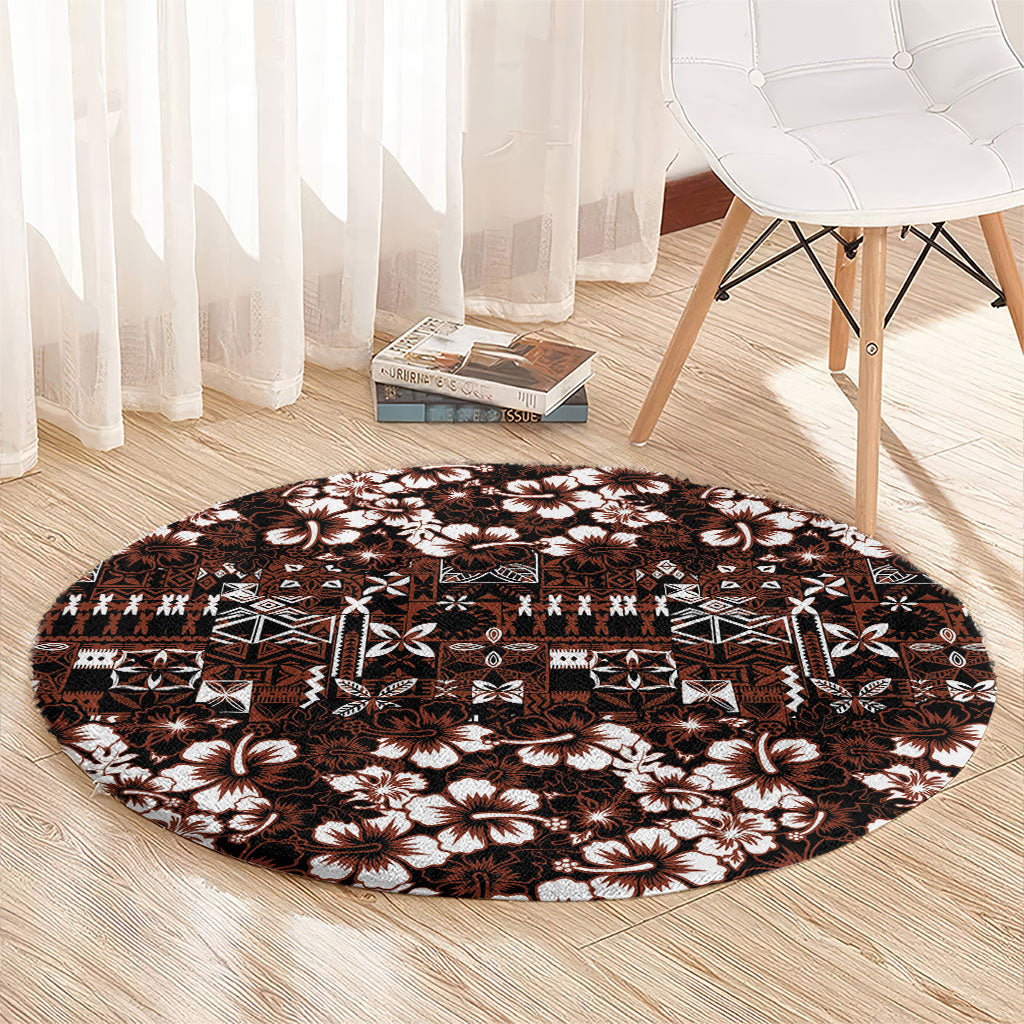 Burgundy Hawaiian Tapa Tribal Hibiscus Round Carpet LT9 - Polynesian Pride
