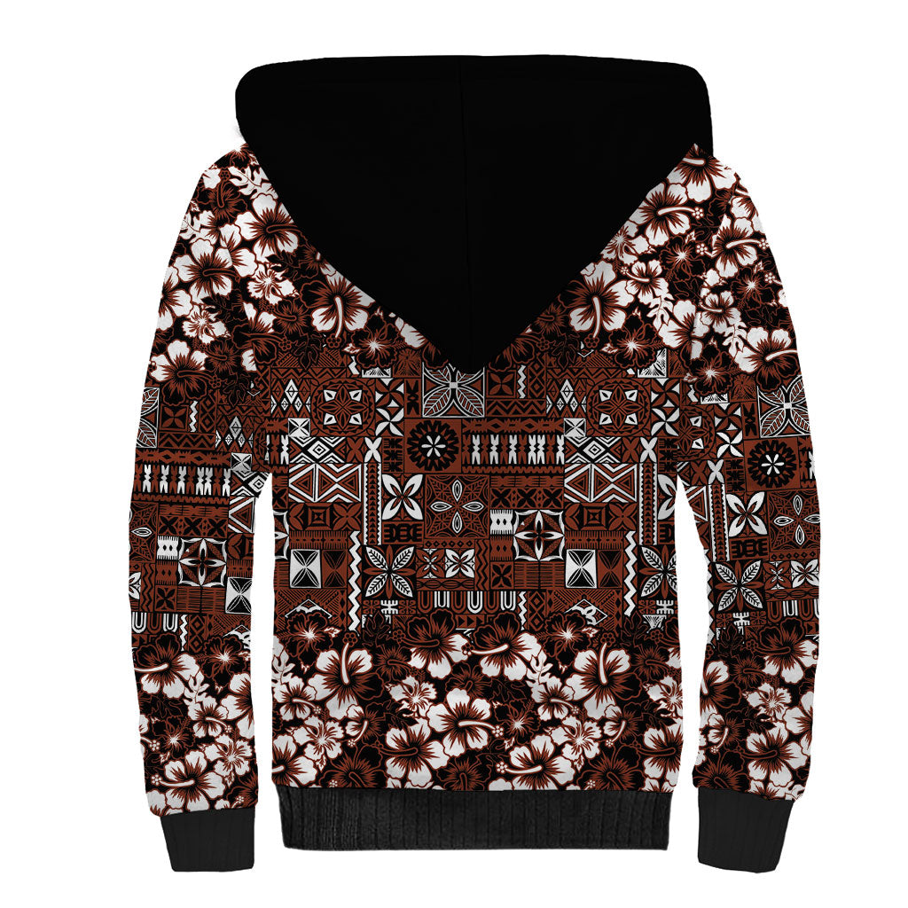 Burgundy Hawaiian Tapa Tribal Hibiscus Sherpa Hoodie LT9 - Polynesian Pride