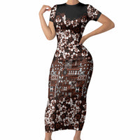 Burgundy Hawaiian Tapa Tribal Hibiscus Short Sleeve Bodycon Dress LT9 Long Dress Burgundy - Polynesian Pride