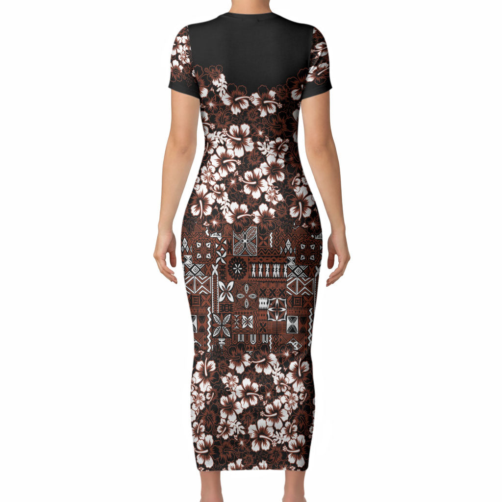 Burgundy Hawaiian Tapa Tribal Hibiscus Short Sleeve Bodycon Dress LT9 - Polynesian Pride