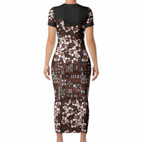 Burgundy Hawaiian Tapa Tribal Hibiscus Short Sleeve Bodycon Dress LT9 - Polynesian Pride