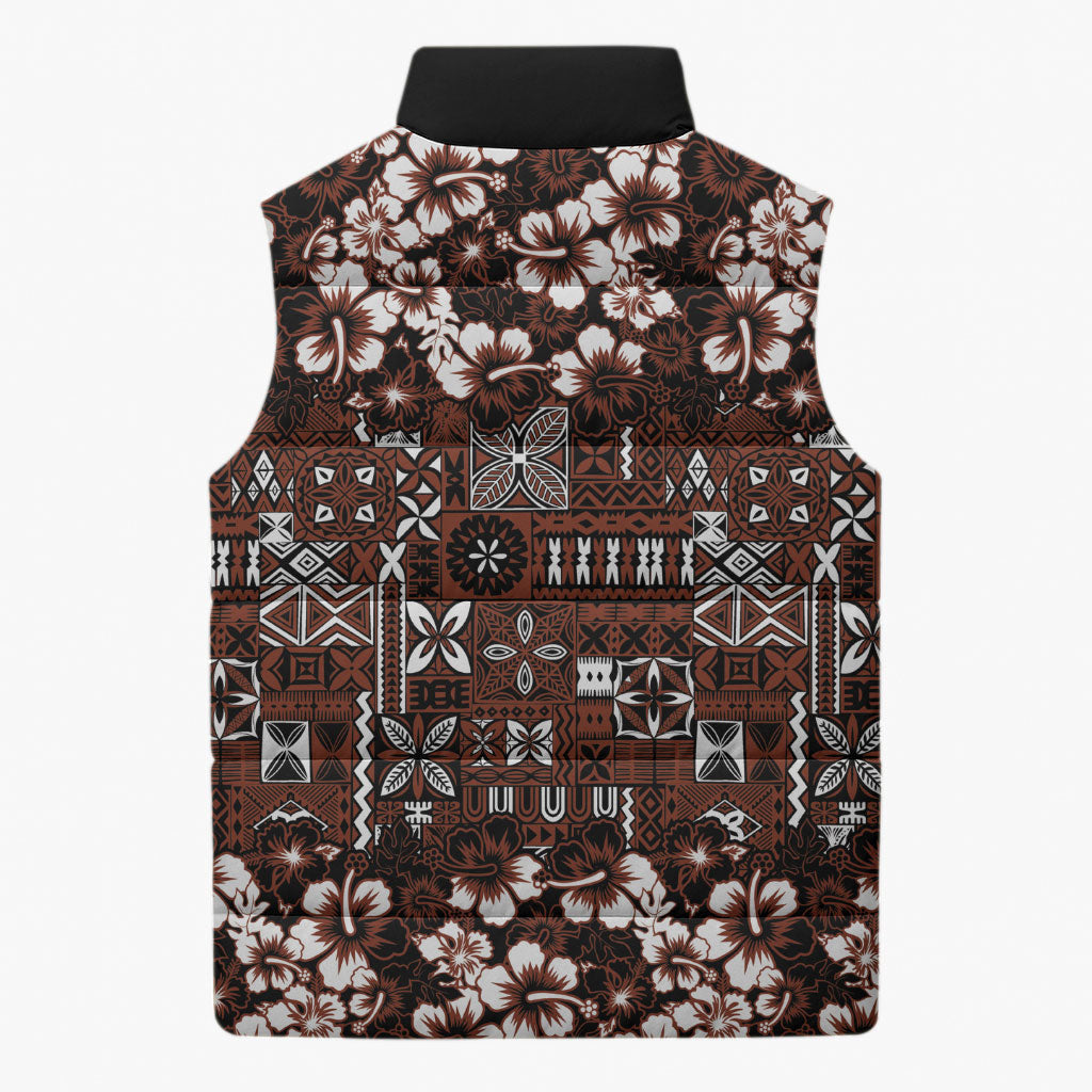 Burgundy Hawaiian Tapa Tribal Hibiscus Sleeveless Puffer Jacket LT9 - Polynesian Pride