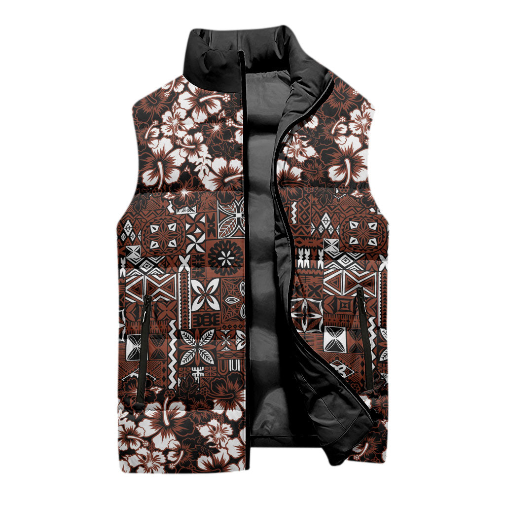 Burgundy Hawaiian Tapa Tribal Hibiscus Sleeveless Puffer Jacket LT9 - Polynesian Pride