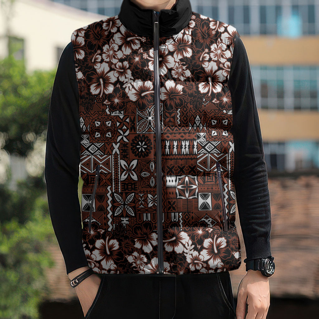 Burgundy Hawaiian Tapa Tribal Hibiscus Sleeveless Puffer Jacket LT9 - Polynesian Pride