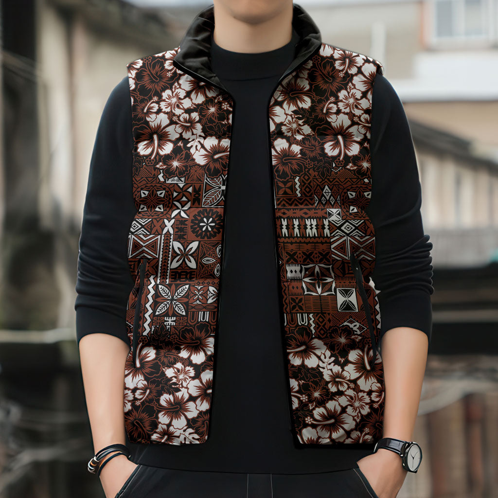 Burgundy Hawaiian Tapa Tribal Hibiscus Sleeveless Puffer Jacket LT9 - Polynesian Pride