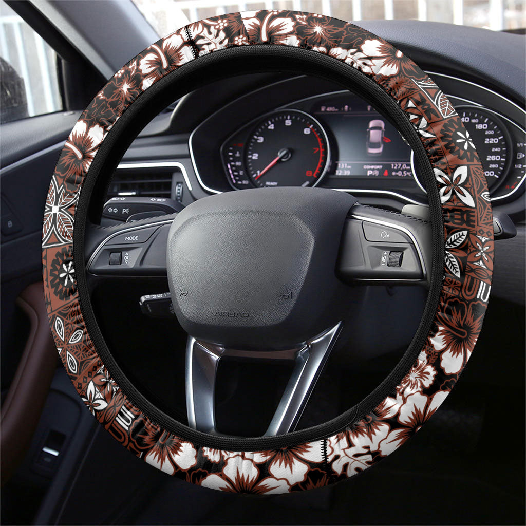 Burgundy Hawaiian Tapa Tribal Hibiscus Steering Wheel Cover LT9 - Polynesian Pride