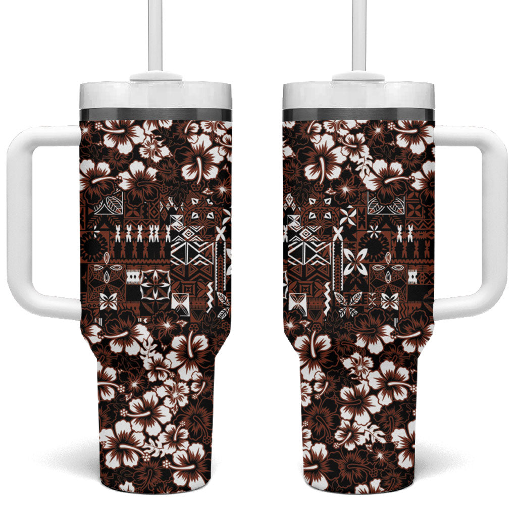 Burgundy Hawaiian Tapa Tribal Hibiscus Tumbler With Handle LT9 One Size: 40 oz Burgundy - Polynesian Pride