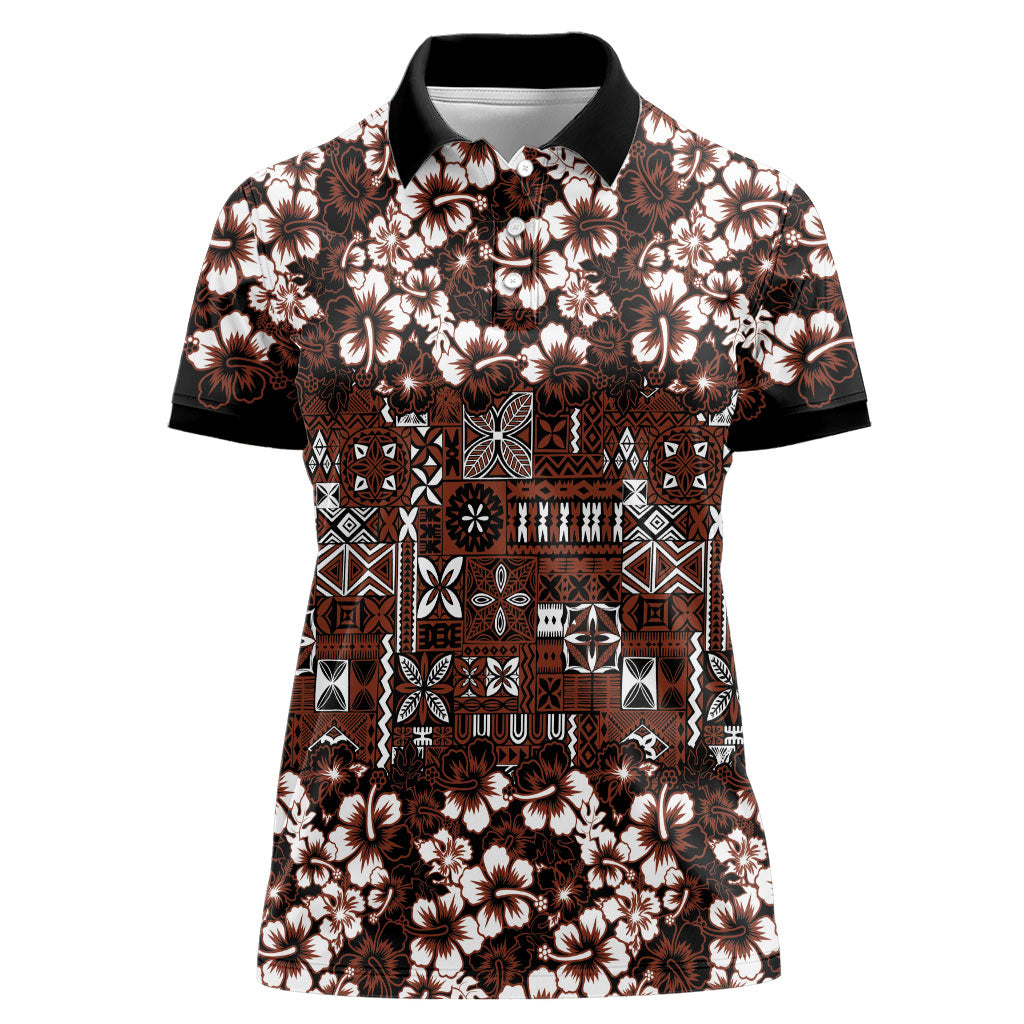 Burgundy Hawaiian Tapa Tribal Hibiscus Women Polo Shirt LT9 Female Burgundy - Polynesian Pride