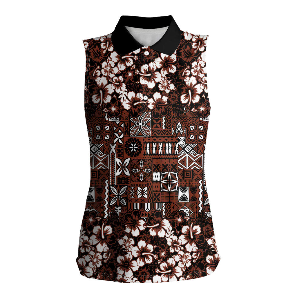 Burgundy Hawaiian Tapa Tribal Hibiscus Women Sleeveless Polo Shirt LT9 Female Burgundy - Polynesian Pride