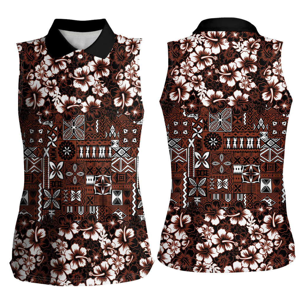 Burgundy Hawaiian Tapa Tribal Hibiscus Women Sleeveless Polo Shirt LT9 - Polynesian Pride