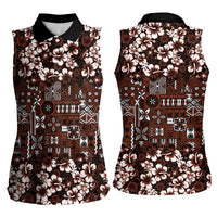Burgundy Hawaiian Tapa Tribal Hibiscus Women Sleeveless Polo Shirt LT9 - Polynesian Pride