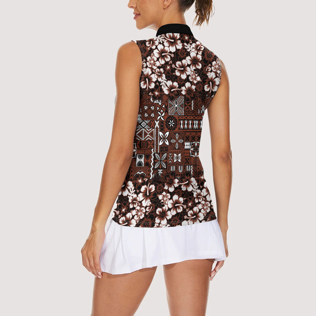 Burgundy Hawaiian Tapa Tribal Hibiscus Women Sleeveless Polo Shirt LT9 - Polynesian Pride