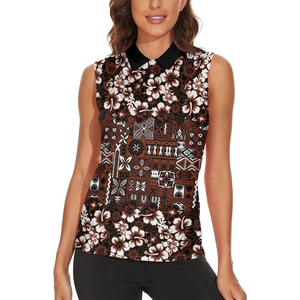 Burgundy Hawaiian Tapa Tribal Hibiscus Women Sleeveless Polo Shirt LT9 - Polynesian Pride