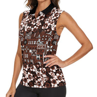 Burgundy Hawaiian Tapa Tribal Hibiscus Women Sleeveless Polo Shirt LT9 - Polynesian Pride