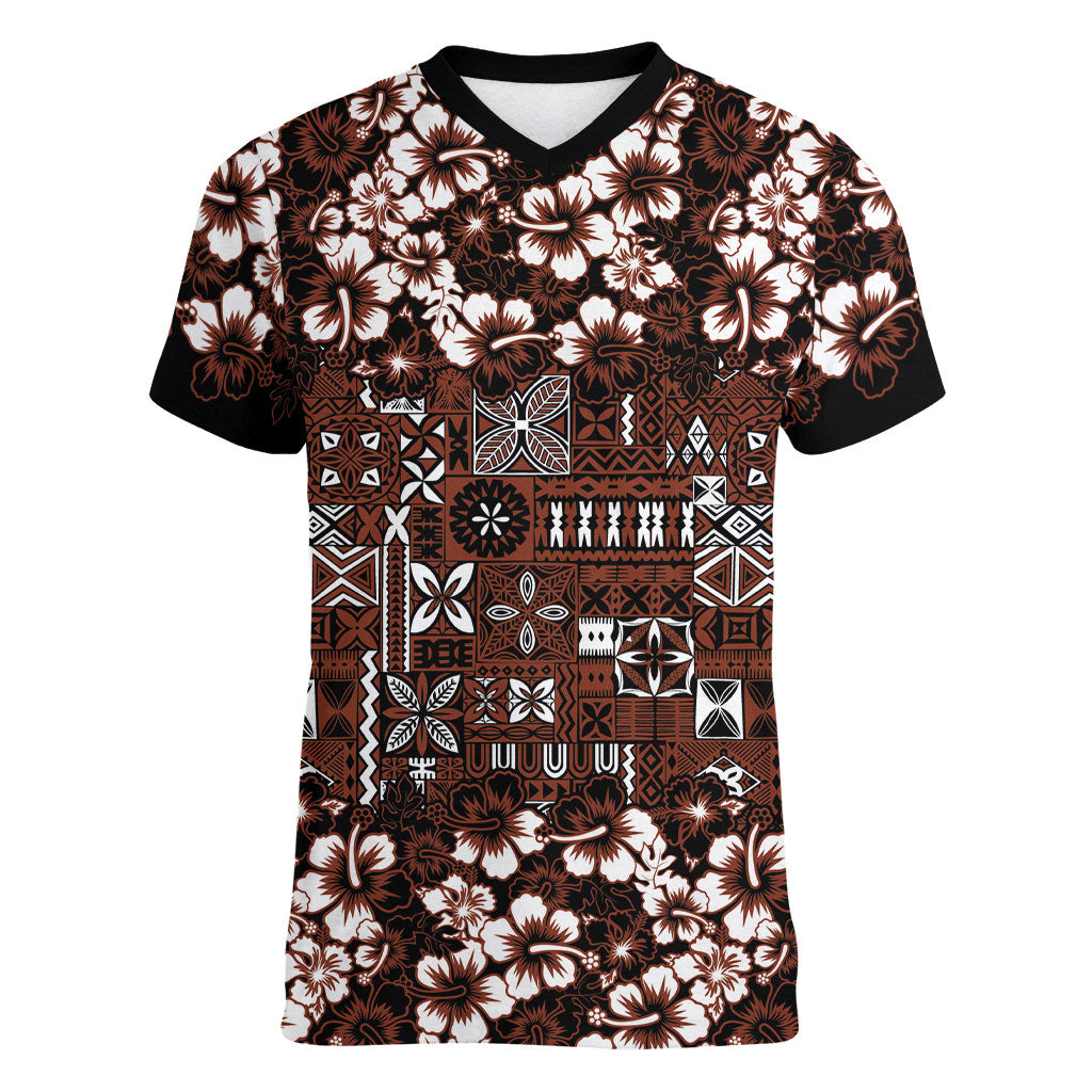 Burgundy Hawaiian Tapa Tribal Hibiscus Women V-Neck T-Shirt LT9 Female Burgundy - Polynesian Pride