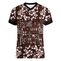 Burgundy Hawaiian Tapa Tribal Hibiscus Women V-Neck T-Shirt LT9 Female Burgundy - Polynesian Pride