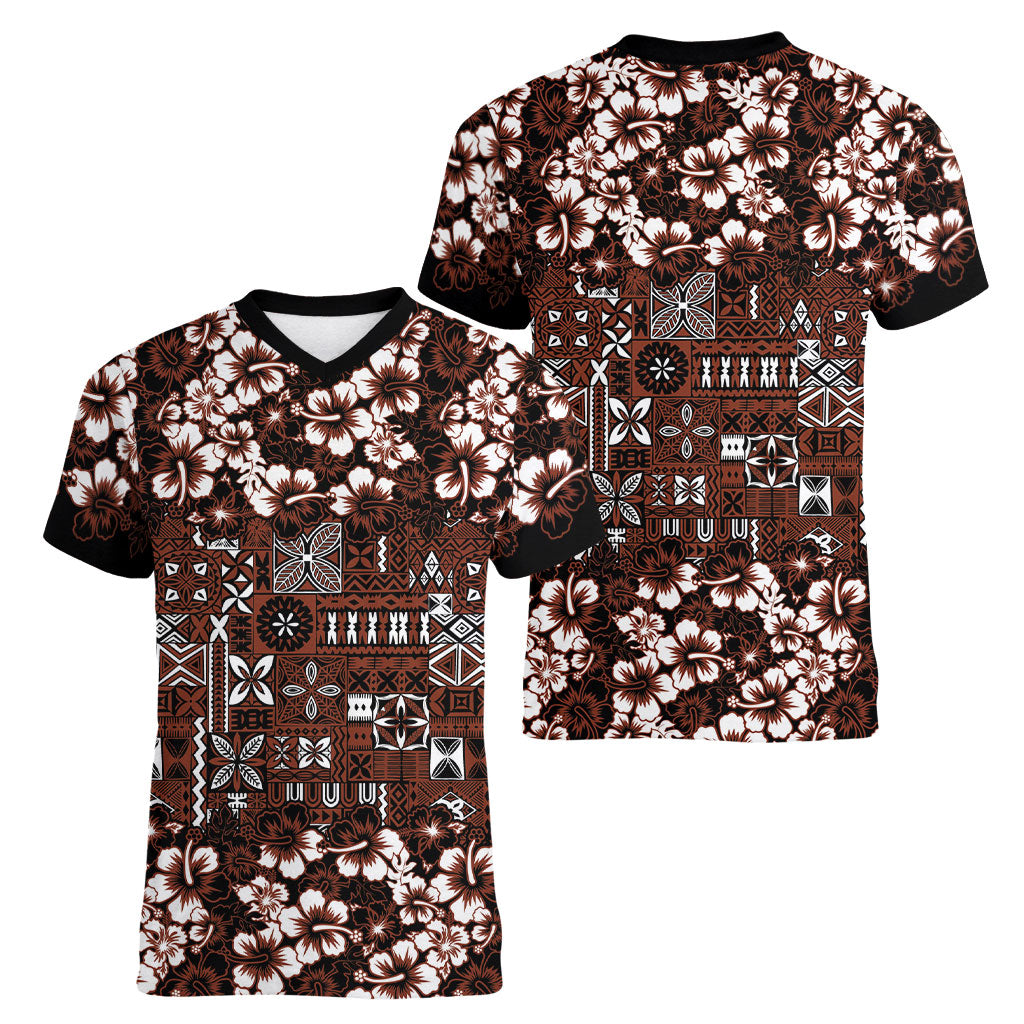 Burgundy Hawaiian Tapa Tribal Hibiscus Women V-Neck T-Shirt LT9 - Polynesian Pride