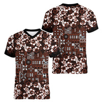 Burgundy Hawaiian Tapa Tribal Hibiscus Women V-Neck T-Shirt LT9 - Polynesian Pride